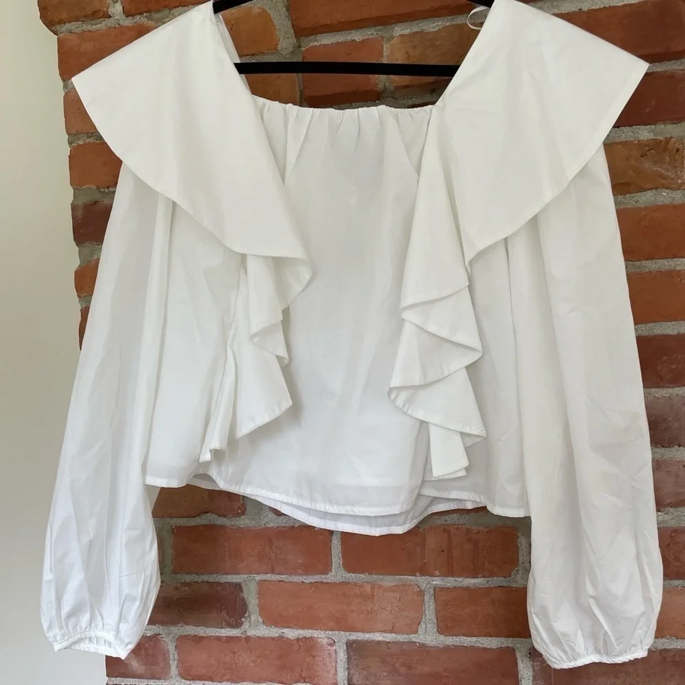 NWT En Saison Square Neck Poplin Ruffle Peasant Blouse | M - Picture 1 of 8